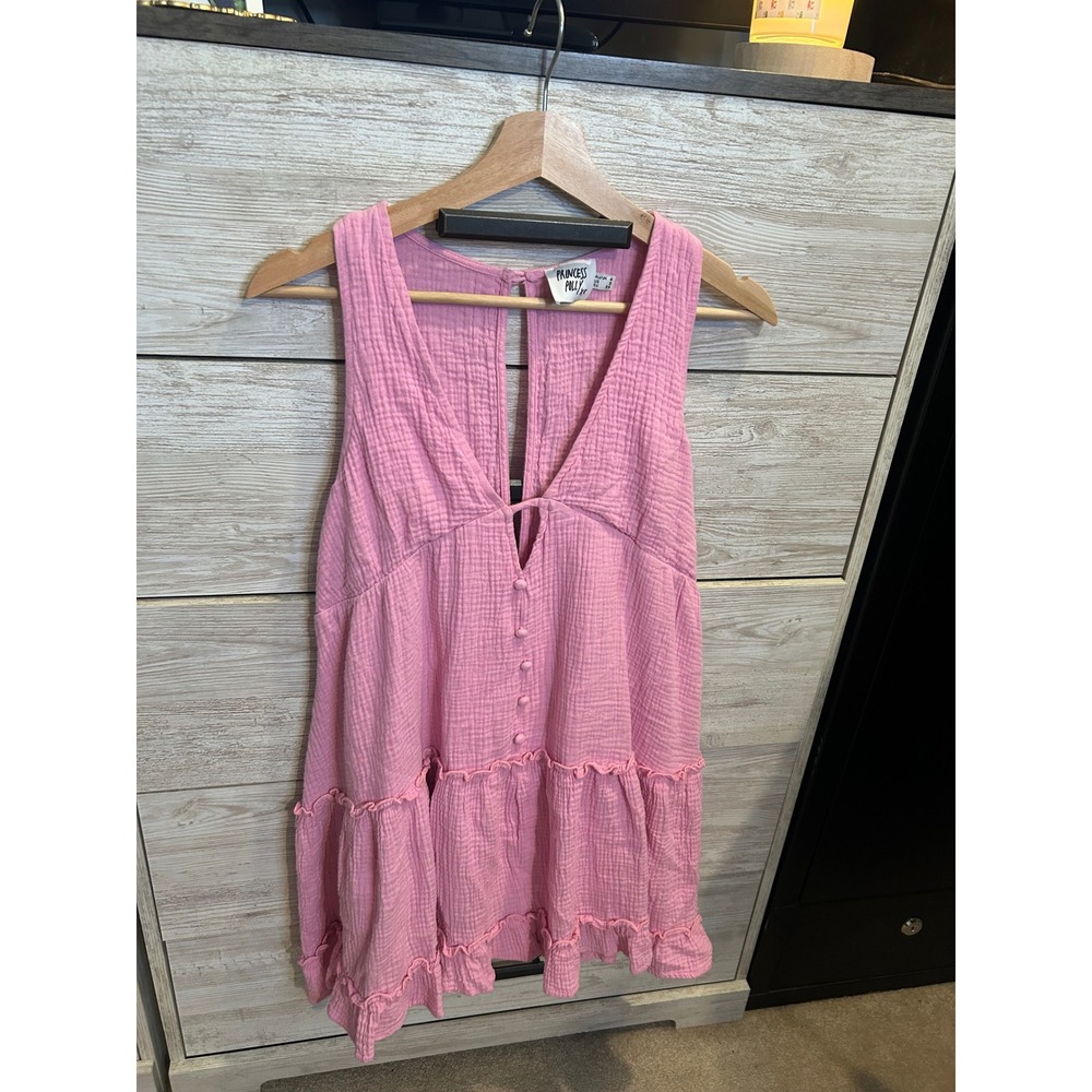 Princess Polly Pink Textured Tiered Ruffle Mini Dress Sleeveless V-Neck 2 - Picture 3 of 7